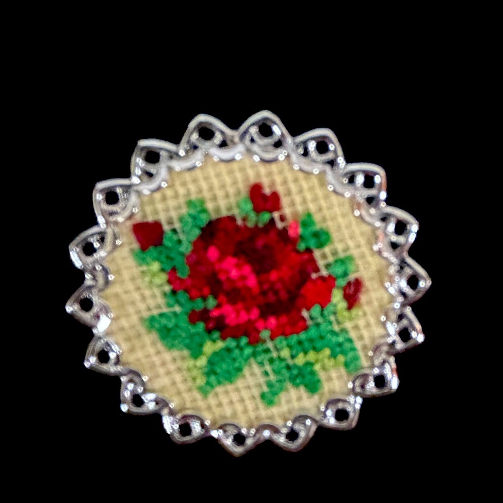 Handmade Crosstitch, needlepoint, floral design and Silvertone brooch